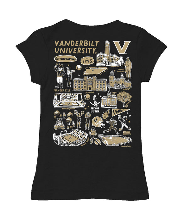 Vanderbilt University Commodores Hand Sketched Vive La Fete Impressions Artwork Black Girls Cotton Short Sleeve Tee - Vive La Fête - Online Apparel Store