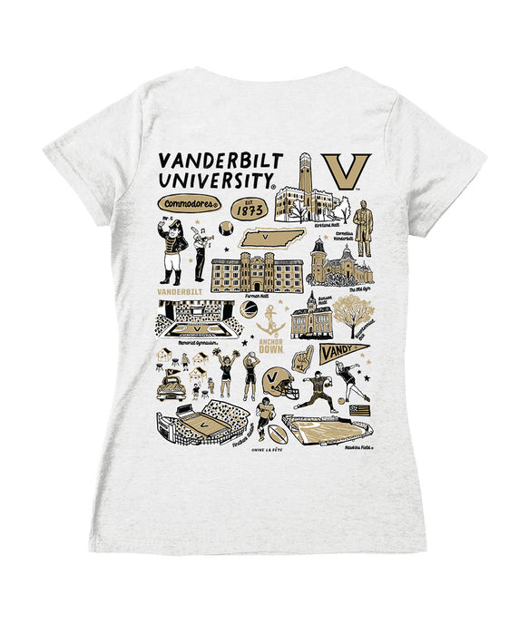 Vanderbilt Commodores Hand Sketched Vive La Fete Impressions Artwork Black Women Cotton Short Sleeve V-Neck Tshirt