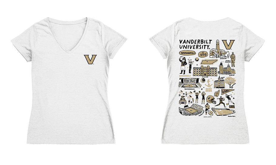 Vanderbilt Commodores Hand Sketched Vive La Fete Impressions Artwork Black Women Cotton Short Sleeve V-Neck Tshirt