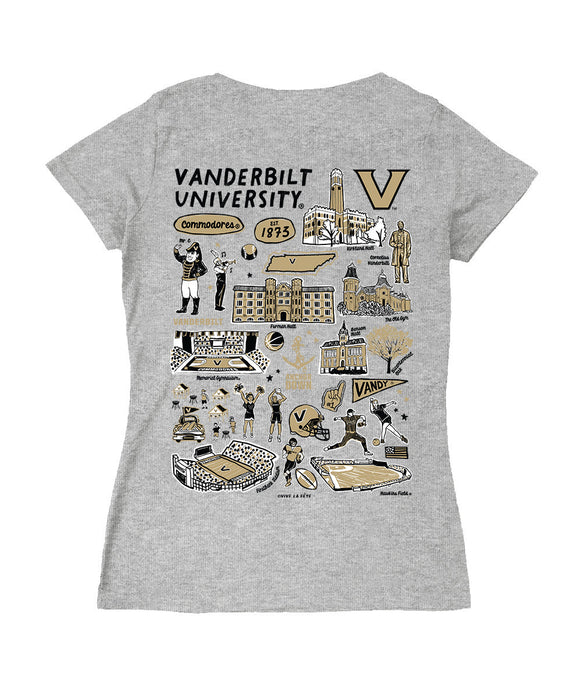 Vanderbilt Commodores Hand Sketched Vive La Fete Impressions Artwork Black Women Cotton Short Sleeve V-Neck Tshirt