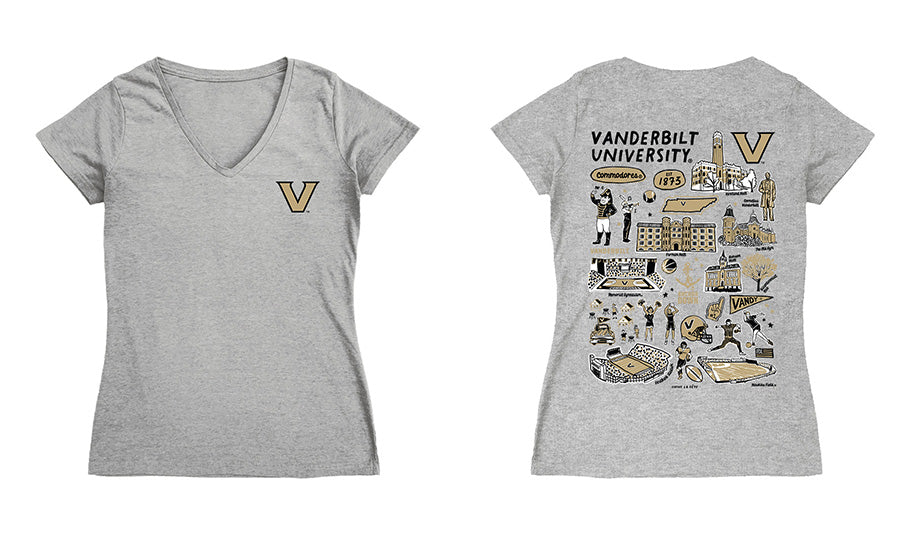 Vanderbilt Commodores Hand Sketched Vive La Fete Impressions Artwork Black Women Cotton Short Sleeve V-Neck Tshirt