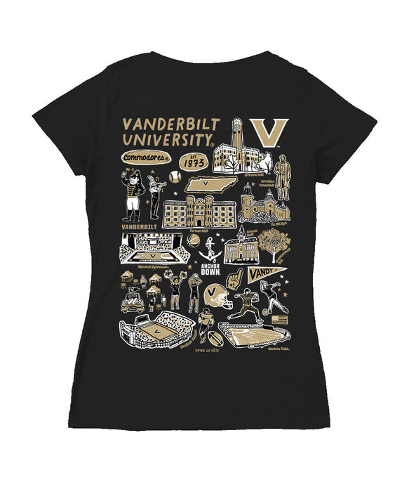 Vanderbilt Commodores Hand Sketched Vive La Fete Impressions Artwork Black Women Cotton Short Sleeve V-Neck Tshirt