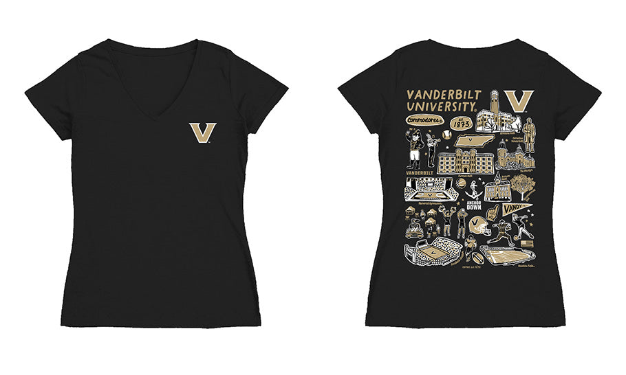 Vanderbilt Commodores Hand Sketched Vive La Fete Impressions Artwork Black Women Cotton Short Sleeve V-Neck Tshirt