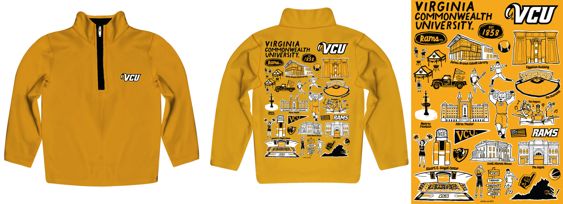 VCU Rams Virginia Commonwealth University Hand Sketched Vive La Fete Impressions Artwork  Gold Boys Quarter Zip Pullover V1 - Vive La Fête - Online Apparel Store