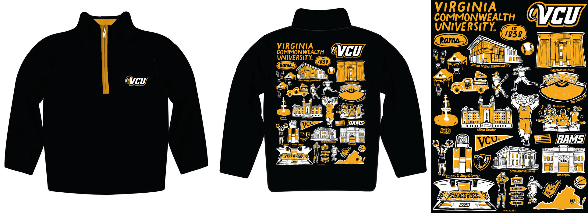 VCU Rams Virginia Commonwealth University Hand Sketched Vive La Fete Impressions Artwork  Black Boys Quarter Zip Pullover V1 - Vive La Fête - Online Apparel Store