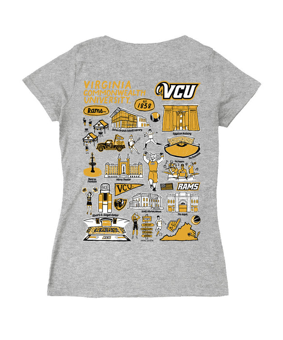 VCU Rams Virginia Commonwealth Hand Sketched Vive La Fete Impressions Artwork Black Women Cotton V-Neck Tshirt
