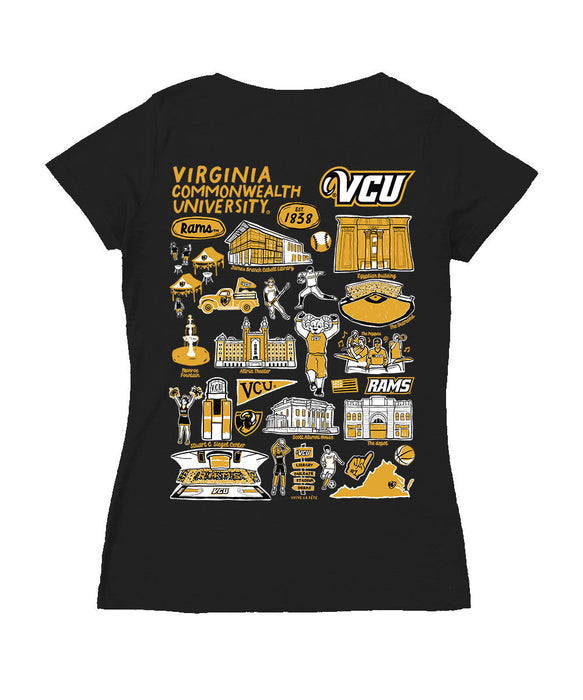 VCU Rams Virginia Commonwealth Hand Sketched Vive La Fete Impressions Artwork Black Women Cotton V-Neck Tshirt