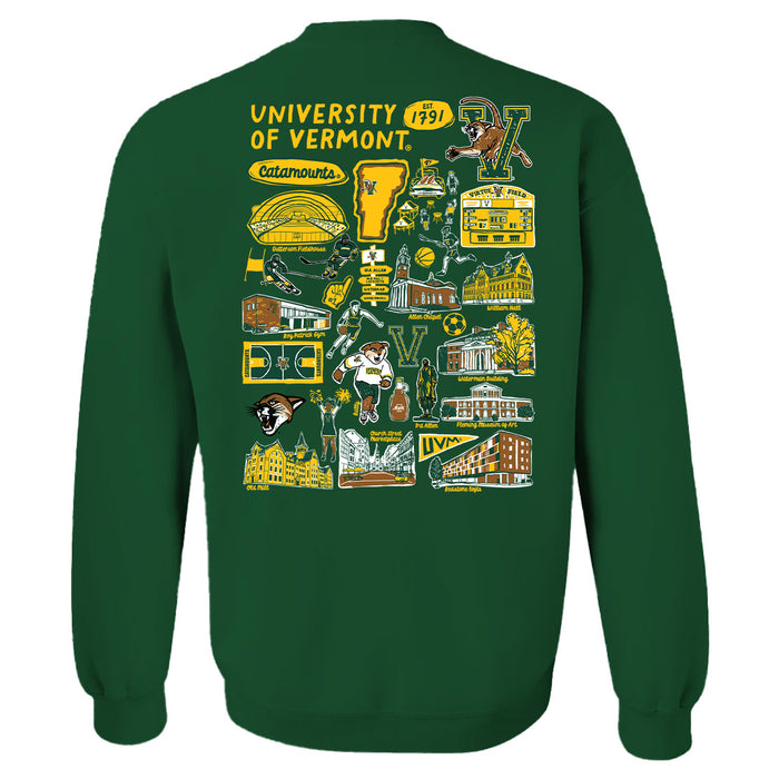 Vermont Catamounts Hand Sketched Artwork Green Crewneck Sweatshirt for Women - Vive La Fête - Online Apparel Store