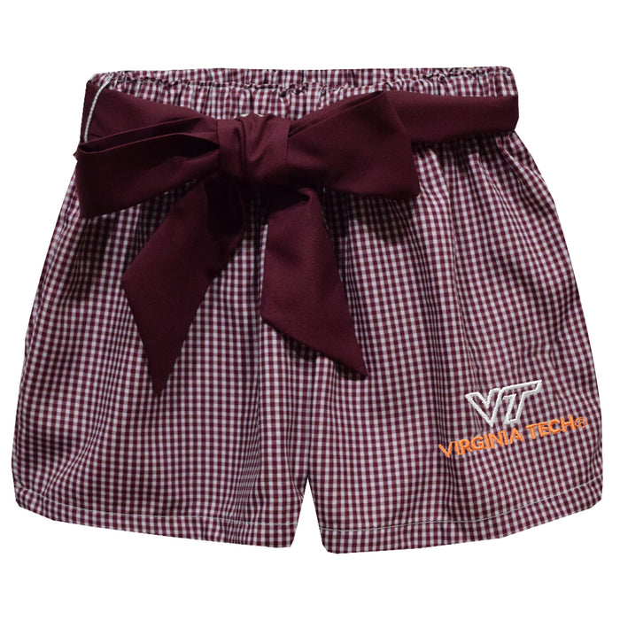 Virginia Tech Hokies VT Embroidered Maroon Gingham Girls Short with Sash