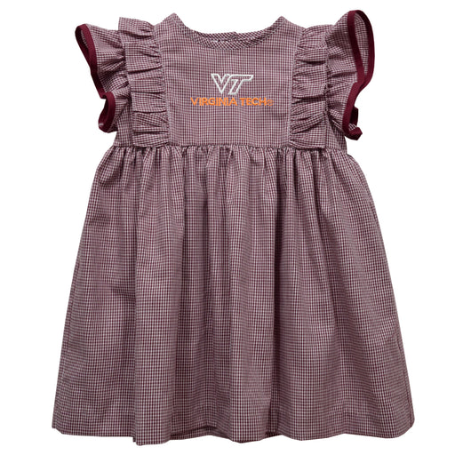 Virginia Tech Hokies VT Embroidered Maroon Gingham Ruffle Dress