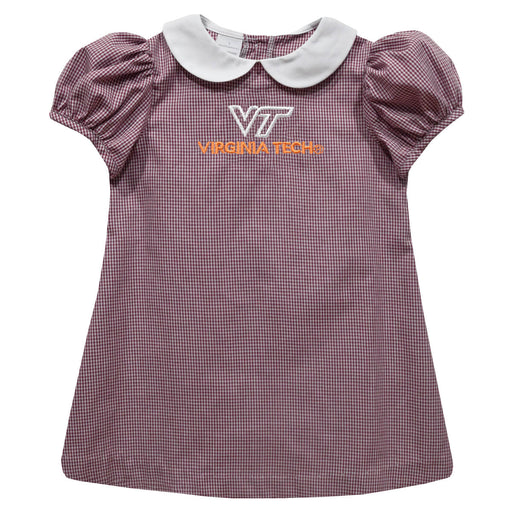 Virginia Tech Hokies VT Embroidered Maroon Gingham Short Sleeve A Line Dress