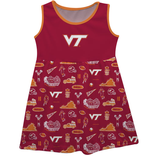 Virginia Tech Sleeveless Tank Dress Girls Maroon Logo & Repeat Print Hand Sketched Vive La Fete Impressions Artwork - Vive La Fête - Online Apparel Store