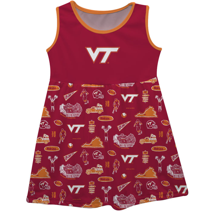 Virginia Tech Sleeveless Tank Dress Girls Maroon Logo & Repeat Print Hand Sketched Vive La Fete Impressions Artwork - Vive La Fête - Online Apparel Store
