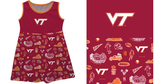 Virginia Tech Sleeveless Tank Dress Girls Maroon Logo & Repeat Print Hand Sketched Vive La Fete Impressions Artwork - Vive La Fête - Online Apparel Store