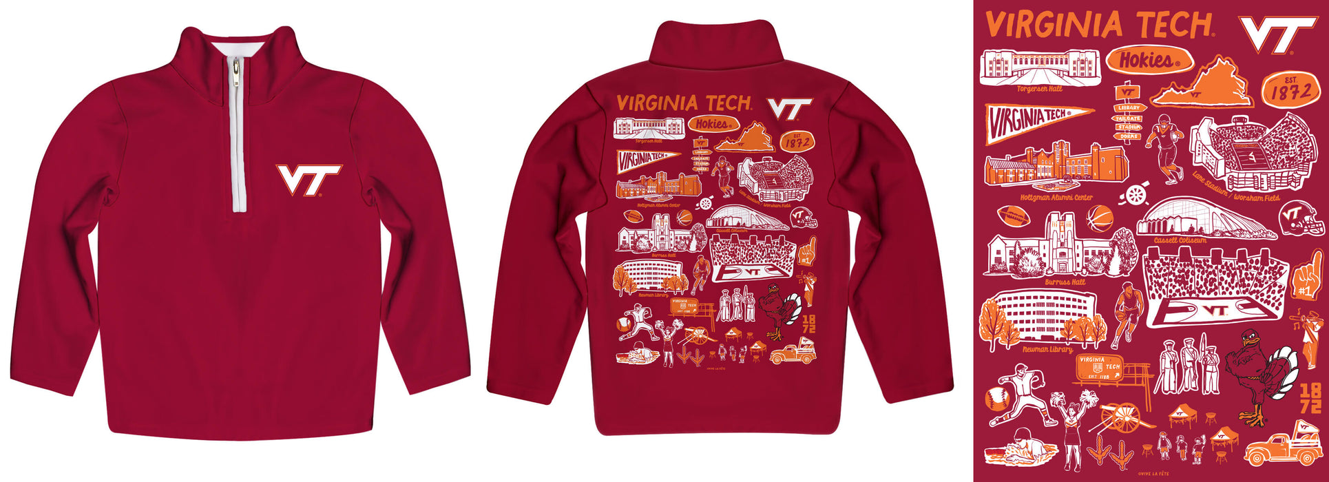Virginia Tech Hokies VT  Hand Sketched Vive La Fete Impressions Artwork Red Boys Quarter Zip Pullover V1 - Vive La Fête - Online Apparel Store