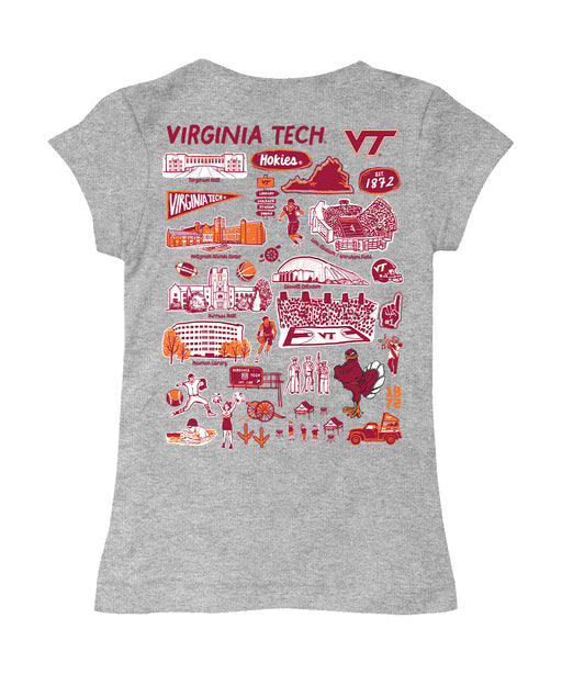 Virginia Tech Hokies VT  Hand Sketched Vive La Fete Impressions Artwork Grey Girls Cotton Short Sleeve Tee - Vive La Fête - Online Apparel Store