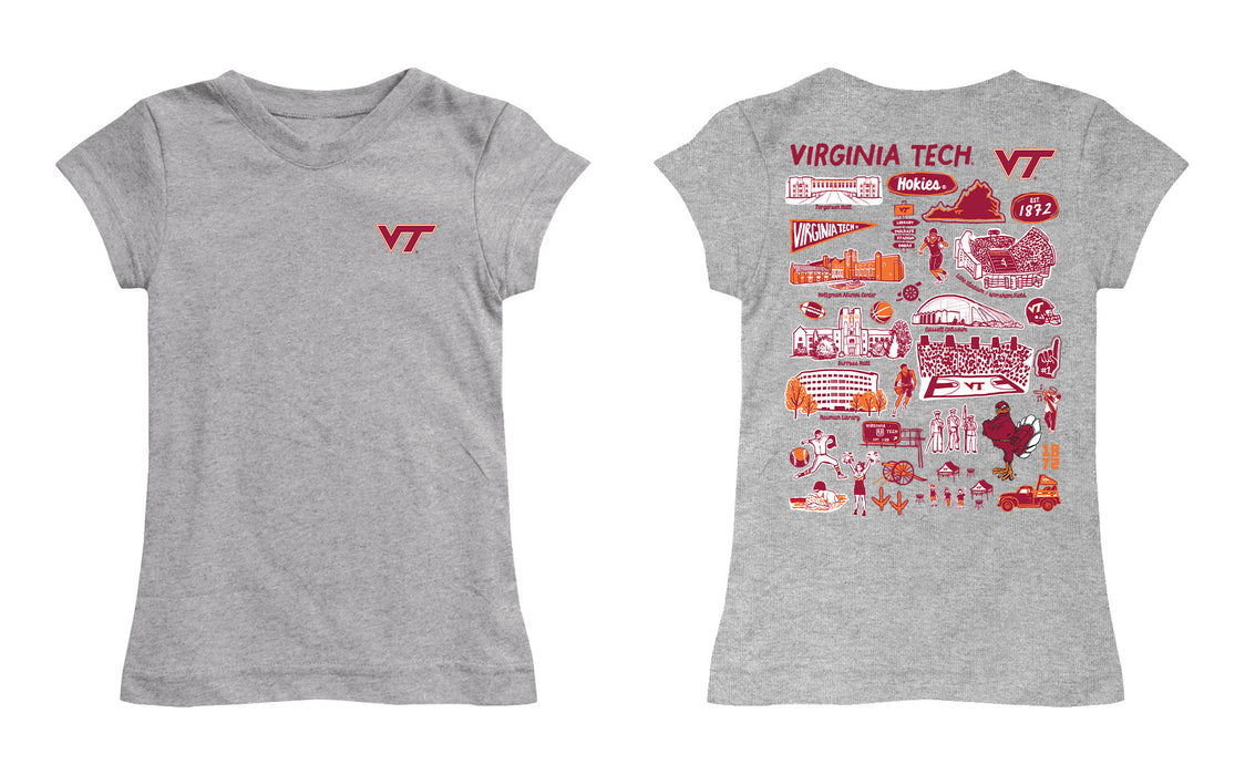 Virginia Tech Hokies VT  Hand Sketched Vive La Fete Impressions Artwork Grey Girls Cotton Short Sleeve Tee - Vive La Fête - Online Apparel Store