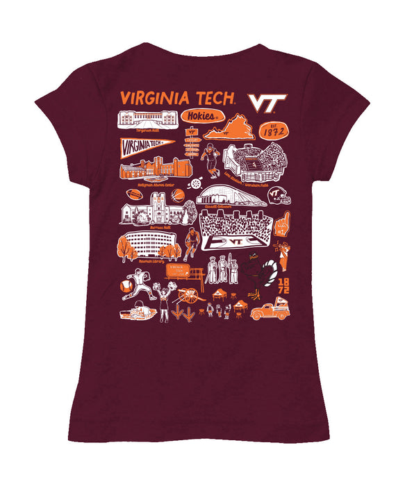 Virginia Tech Hokies VT  Hand Sketched Vive La Fete Impressions Artwork Maroon Girls Cotton Short Sleeve Tee - Vive La Fête - Online Apparel Store