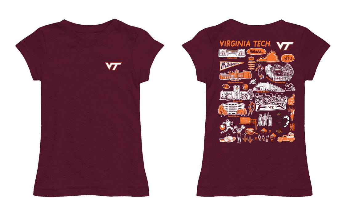 Virginia Tech Hokies VT  Hand Sketched Vive La Fete Impressions Artwork Maroon Girls Cotton Short Sleeve Tee - Vive La Fête - Online Apparel Store