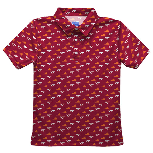 Virginia Tech Hokies VT  Vive La Fete All Over Logo Maroon Short Sleeve Polo Shirt
