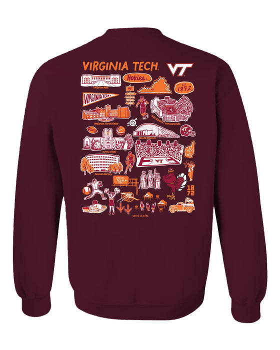 Virginia Tech Hokies VT Hand Sketched Artwork Maroon Crewneck Sweatshirt for Women - Vive La Fête - Online Apparel Store