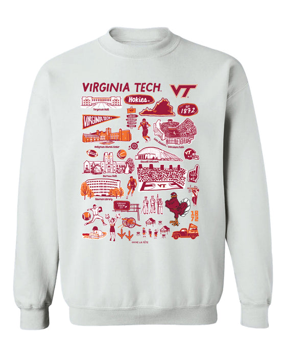 Virginia Tech Hokies VT  Hand Sketched Vive La Fete Impressions White Cotton Crewneck Sweatshirt for Women