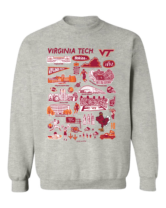 Virginia Tech Hokies VT  Hand Sketched Vive La Fete Impressions Grey Cotton Crewneck Sweatshirt for Women