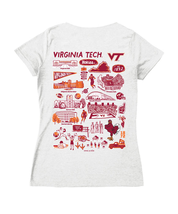 Virginia Tech Hokies VT  Hand Sketched Vive La Fete Impressions Artwork Maroon Women Cotton Short Sleeve V-Neck Tshirt