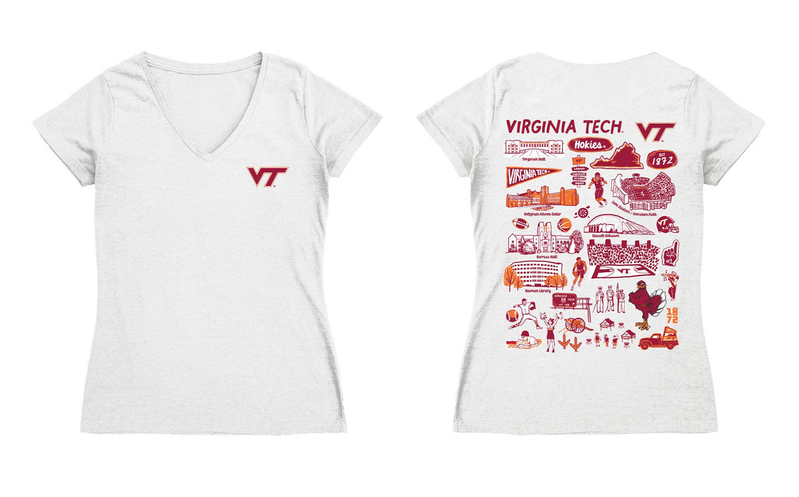 Virginia Tech Hokies VT  Hand Sketched Vive La Fete Impressions Artwork Maroon Women Cotton Short Sleeve V-Neck Tshirt