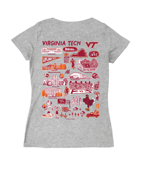 Virginia Tech Hokies VT  Hand Sketched Vive La Fete Impressions Artwork Maroon Women Cotton Short Sleeve V-Neck Tshirt