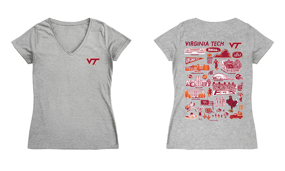 Virginia Tech Hokies VT  Hand Sketched Vive La Fete Impressions Artwork Maroon Women Cotton Short Sleeve V-Neck Tshirt