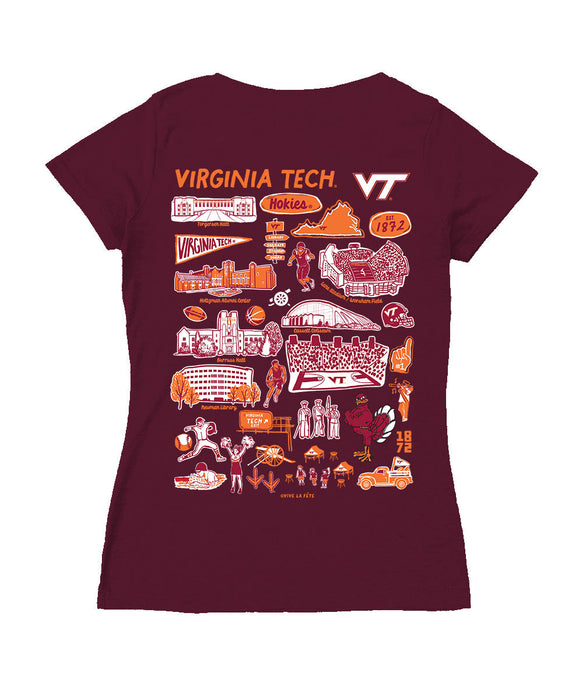 Virginia Tech Hokies VT  Hand Sketched Vive La Fete Impressions Artwork Maroon Women Cotton Short Sleeve V-Neck Tshirt