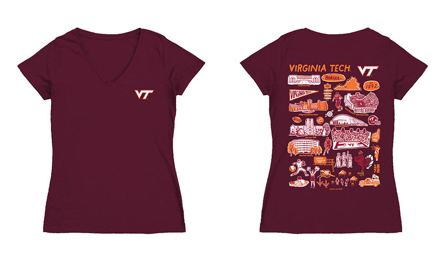 Virginia Tech Hokies VT  Hand Sketched Vive La Fete Impressions Artwork Maroon Women Cotton Short Sleeve V-Neck Tshirt