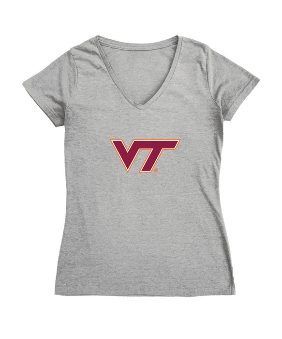 Virginia Tech Hokies VT Women's V-neck Fitted Cotton T-Shirt Grey