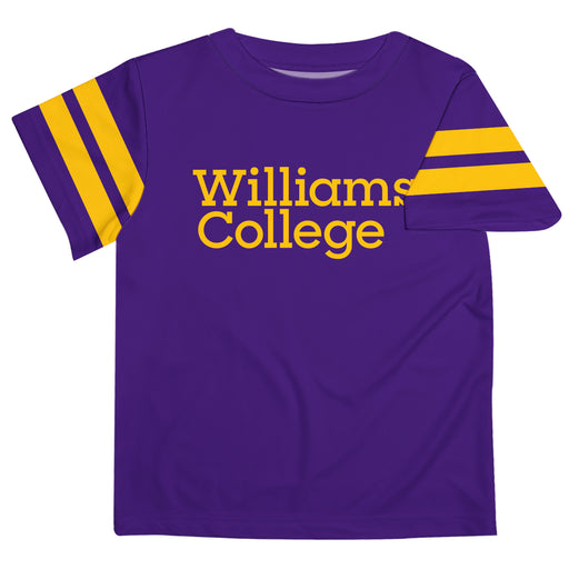 Williams College Ephs Vive La Fete Boys Game Day Purple Short Sleeve Tee with Stripes on Sleeves
