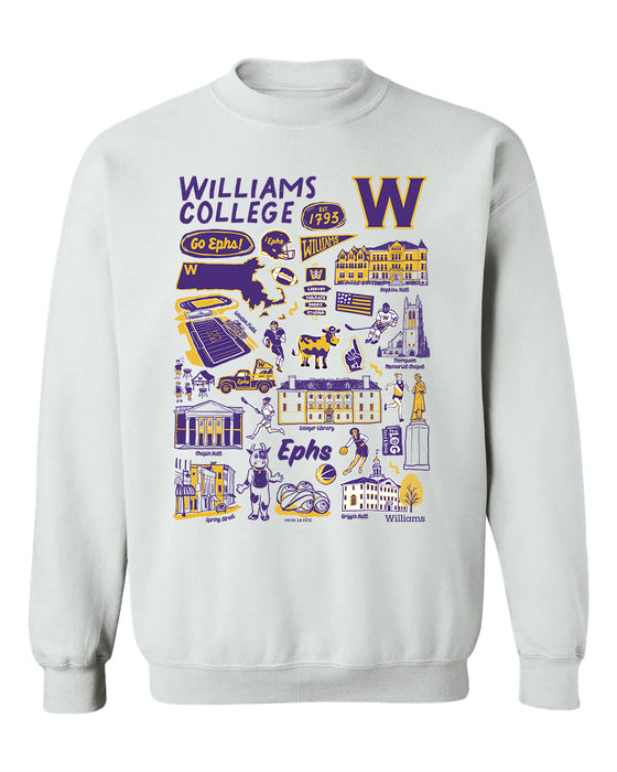 Williams College Ephs Hand Sketched Vive La Fete Impressions White Cotton Crewneck Sweatshirt for Women