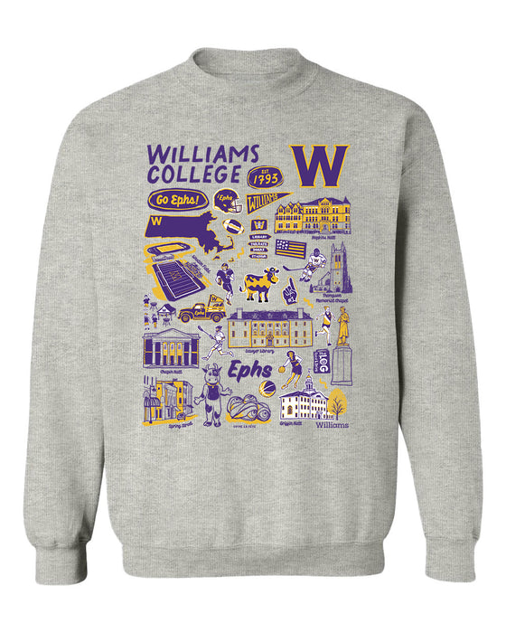 Williams College Ephs Hand Sketched Vive La Fete Impressions Grey Cotton Crewneck Sweatshirt for Women