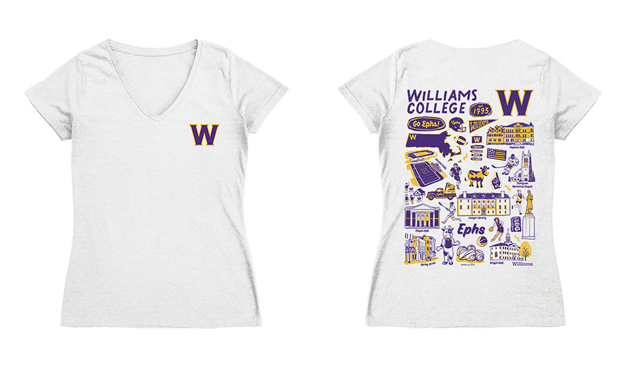 Williams College EphsHand Sketched Vive La Fete Impressions Artwork Purple Women Cotton Short Sleeve V-Neck Tshirt
