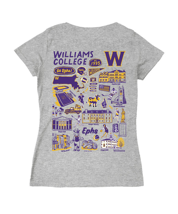 Williams College EphsHand Sketched Vive La Fete Impressions Artwork Purple Women Cotton Short Sleeve V-Neck Tshirt