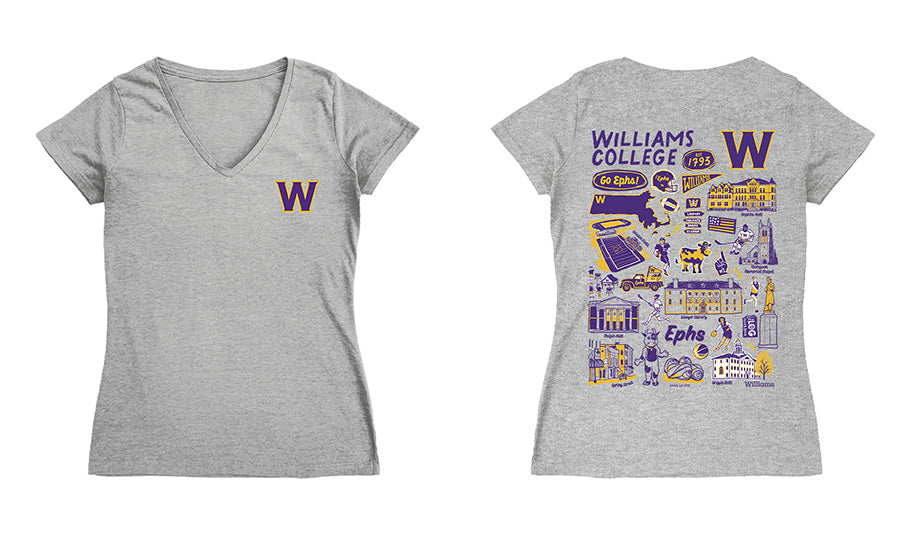Williams College EphsHand Sketched Vive La Fete Impressions Artwork Purple Women Cotton Short Sleeve V-Neck Tshirt