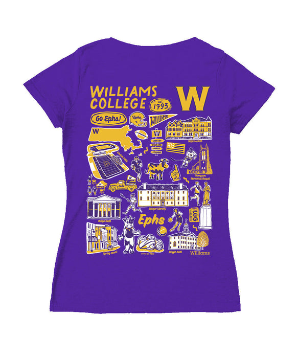 Williams College EphsHand Sketched Vive La Fete Impressions Artwork Purple Women Cotton Short Sleeve V-Neck Tshirt