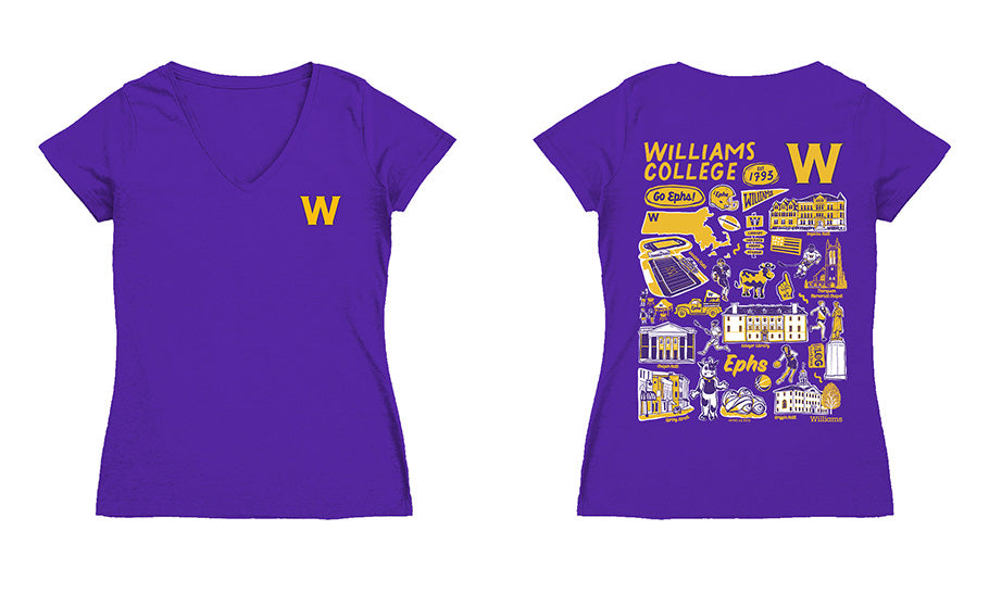 Williams College EphsHand Sketched Vive La Fete Impressions Artwork Purple Women Cotton Short Sleeve V-Neck Tshirt
