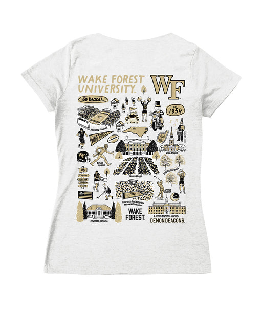 WF Demon Deacons Hand Sketched Vive La Fete Impressions Artwork White Women Cotton Short Sleeve V-Neck Tshirt - Vive La Fête - Online Apparel Store