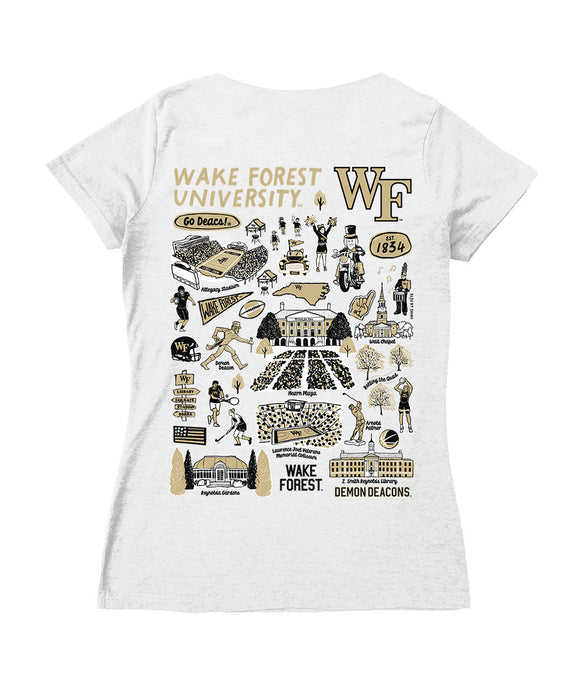 WF Demon Deacons Hand Sketched Vive La Fete Impressions Artwork White Women Cotton Short Sleeve V-Neck Tshirt - Vive La Fête - Online Apparel Store
