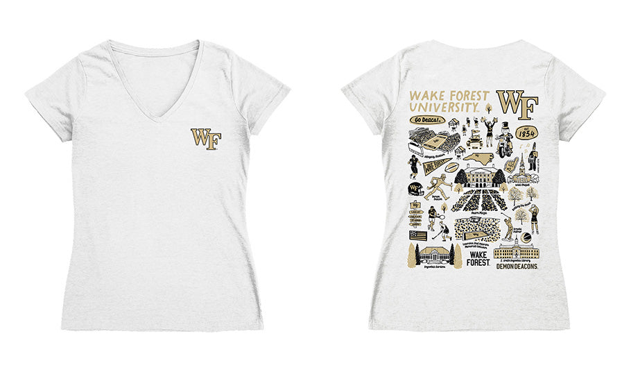 WF Demon Deacons Hand Sketched Vive La Fete Impressions Artwork White Women Cotton Short Sleeve V-Neck Tshirt - Vive La Fête - Online Apparel Store