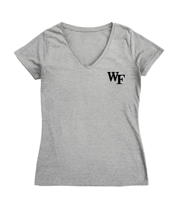 Wake Forest Demon Deacons WF Hand Sketched Vive La Fete Impressions Artwork Grey Women Cotton Short Sleeve V-Neck Tshirt