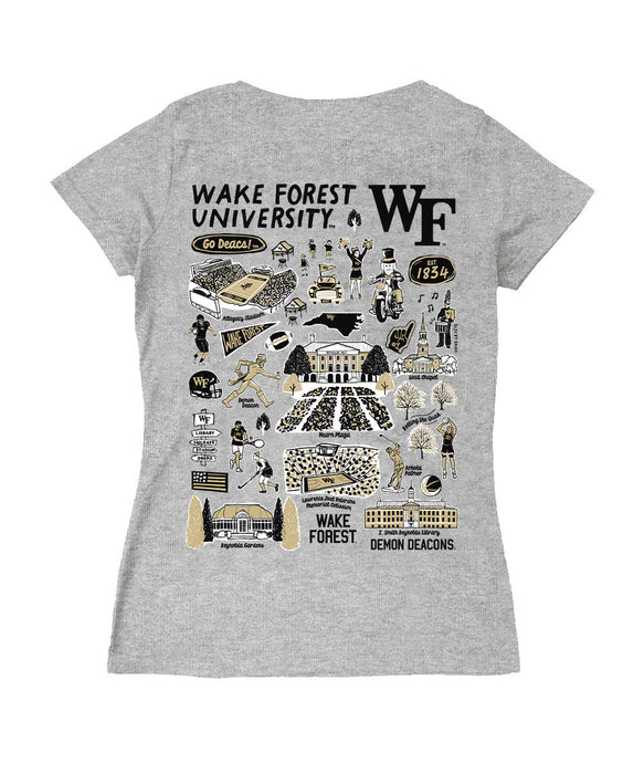 Wake Forest Demon Deacons Hand Sketched Vive La Fete Impressions Artwork Women Cotton Short Sleeve V-Neck Tshirt