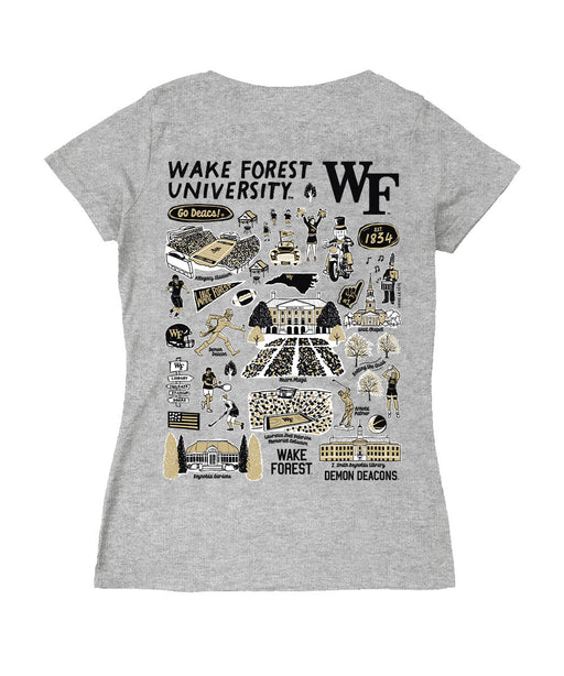 Wake Forest Demon Deacons WF Hand Sketched Vive La Fete Impressions Artwork Grey Women Cotton Short Sleeve V-Neck Tshirt - Vive La Fête - Online Apparel Store
