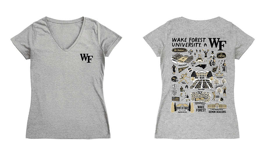 Wake Forest Demon Deacons Hand Sketched Vive La Fete Impressions Artwork Women Cotton Short Sleeve V-Neck Tshirt