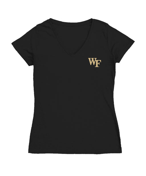 Wake Forest Demon Deacons Hand Sketched Vive La Fete Impressions Artwork Black Women Cotton Short Sleeve V-Neck Tshirt